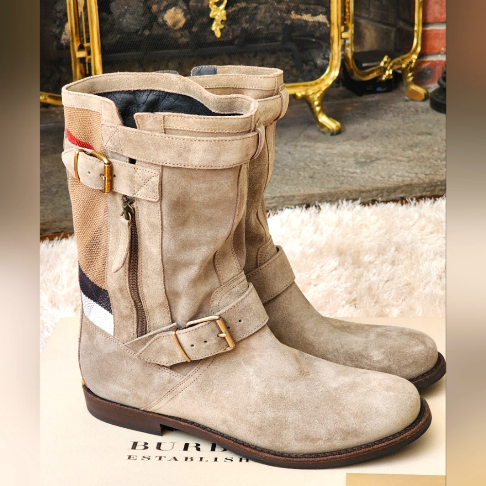 $1050 100% Auth Burberry Brit Canvas Check Women's Boot Grey Suede EU37.5/7.5